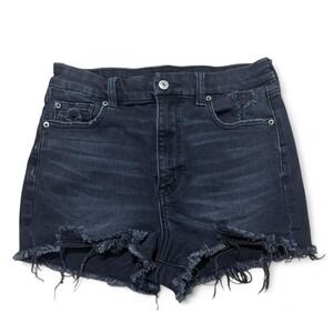 American Eagle black super stretchy distressed denim shorts with frayed hem